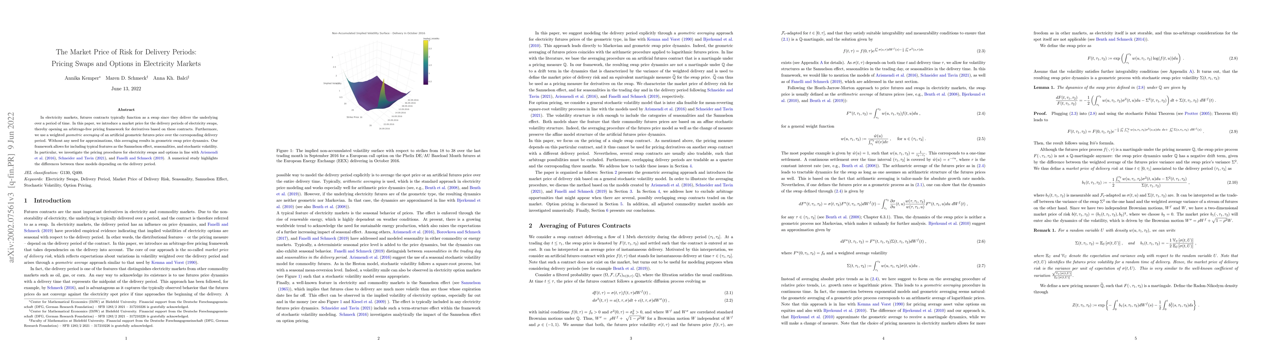 Thumbnail for The Market Price of Risk for Delivery Periods: Pricing Swaps and Options
  in Electricity Markets