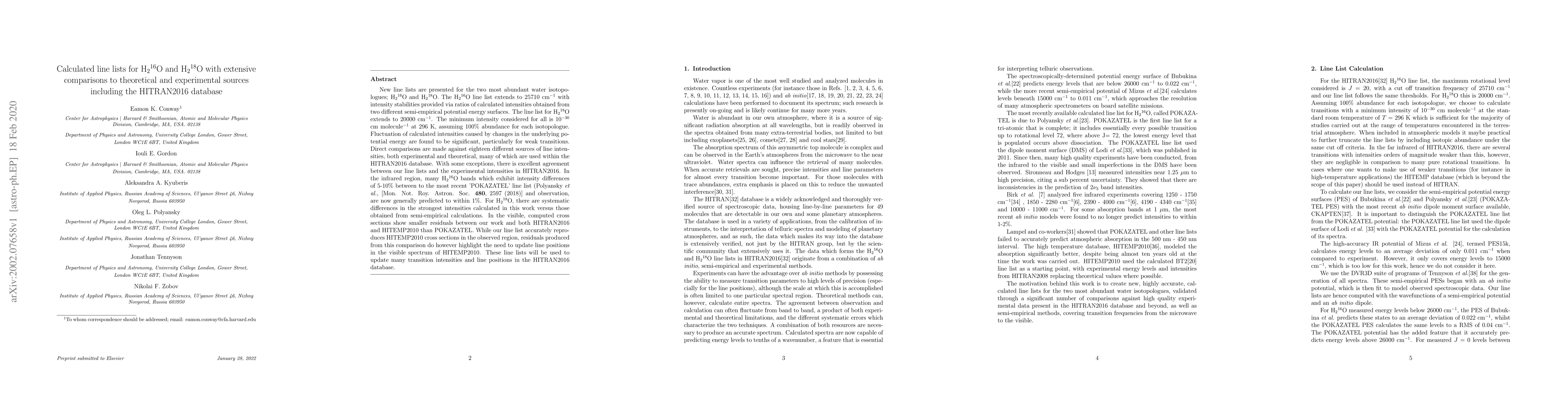 Thumbnail for Calculated line lists for H$_{\text{2}} \mkern0.1mu ^{\text{16}}$O and
  H$_{\text{2}} \mkern0.1mu ^{\text{18}}$O with extensive comparisons to
  theoretical and experimental sources including the HITRAN2016 database