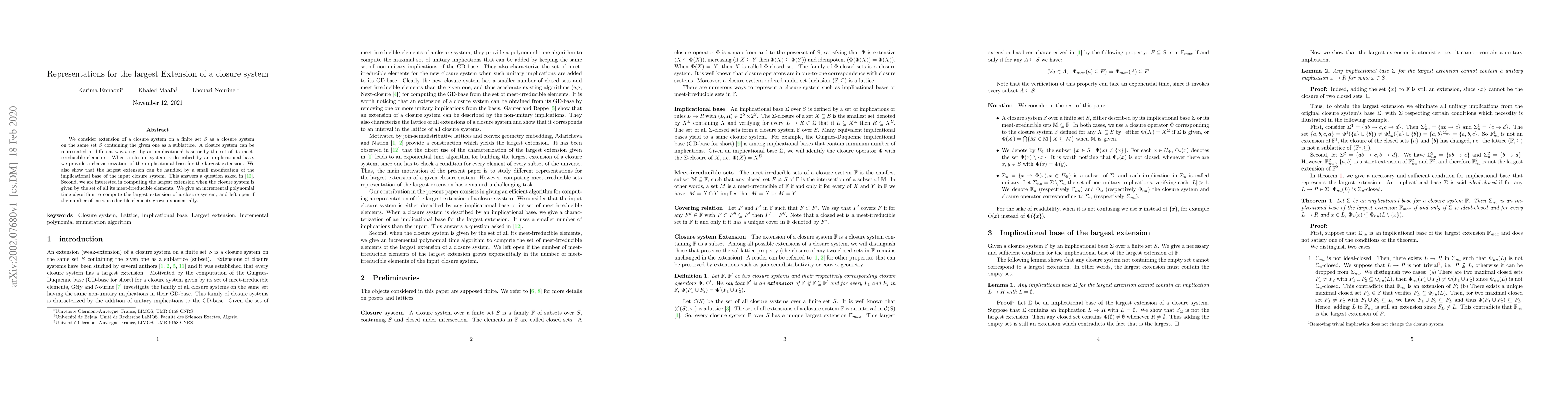 Thumbnail for Representations for the largest Extension of a closure system