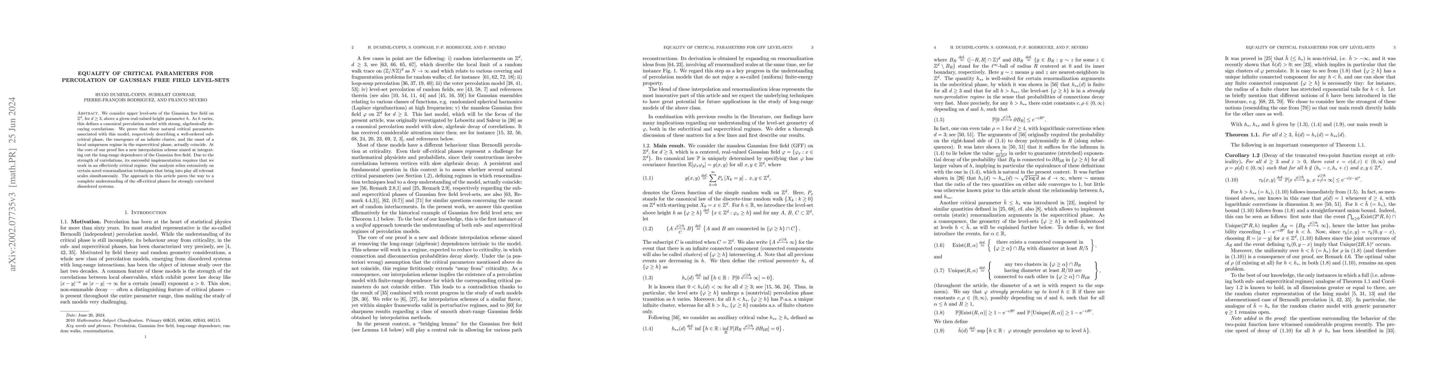 Thumbnail for Equality of critical parameters for percolation of Gaussian free field
  level-sets