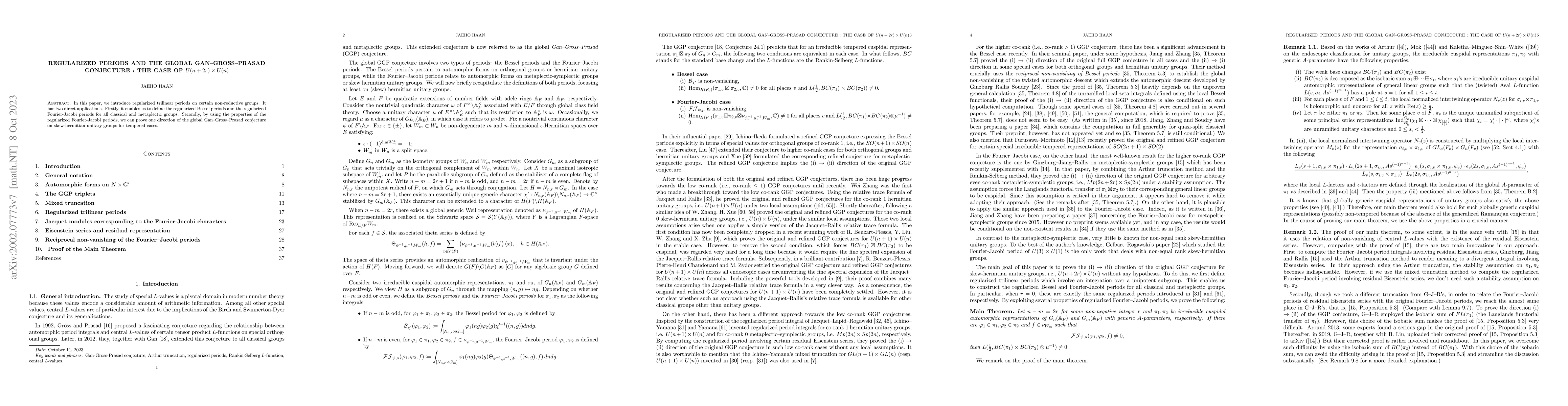 Thumbnail for Regularized Periods and the global Gan-Gross-Prasad conjecture : The
  case of $U(n+2r) \times U(n)$