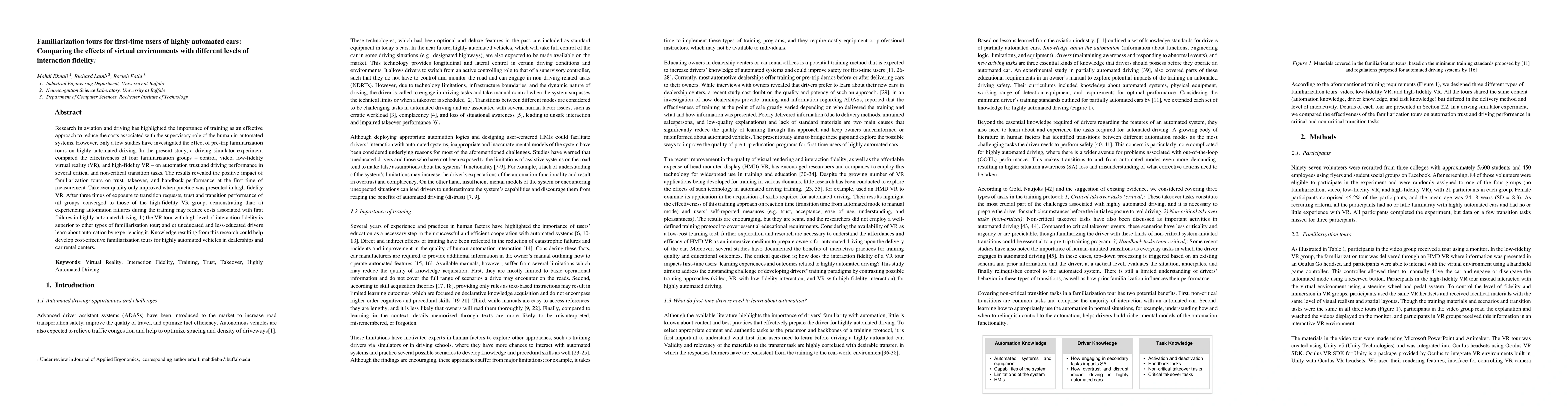 Thumbnail for Familiarization tours for first-time users of highly automated cars:
  Comparing the effects of virtual environments with different levels of
  interaction fidelity
