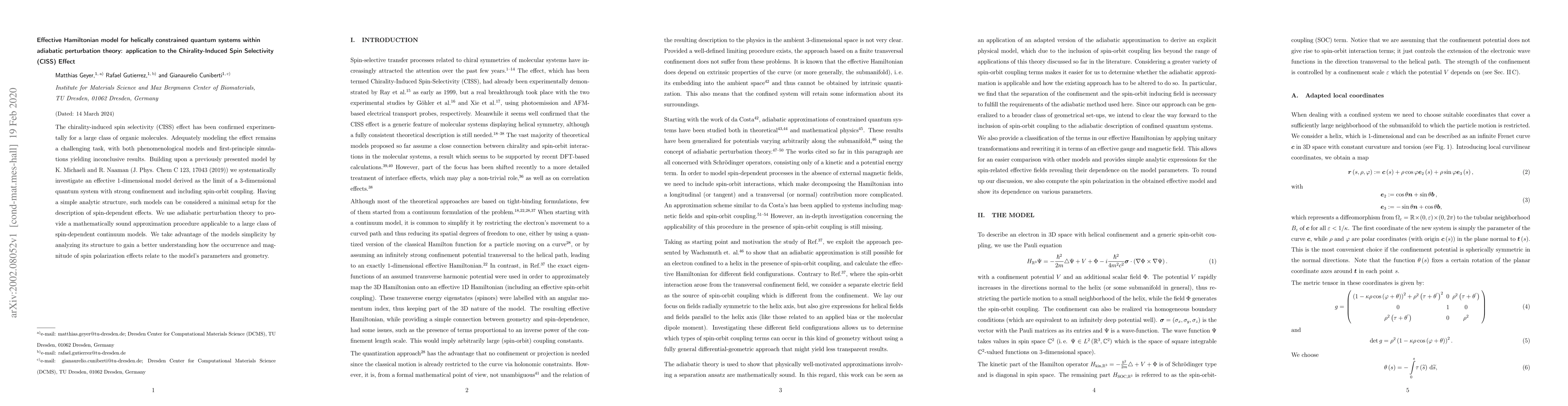 Thumbnail for Effective Hamiltonian model for helically constrained quantum systems
  within adiabatic perturbation theory: application to the Chirality-Induced
  Spin Selectivity (CISS) Effect