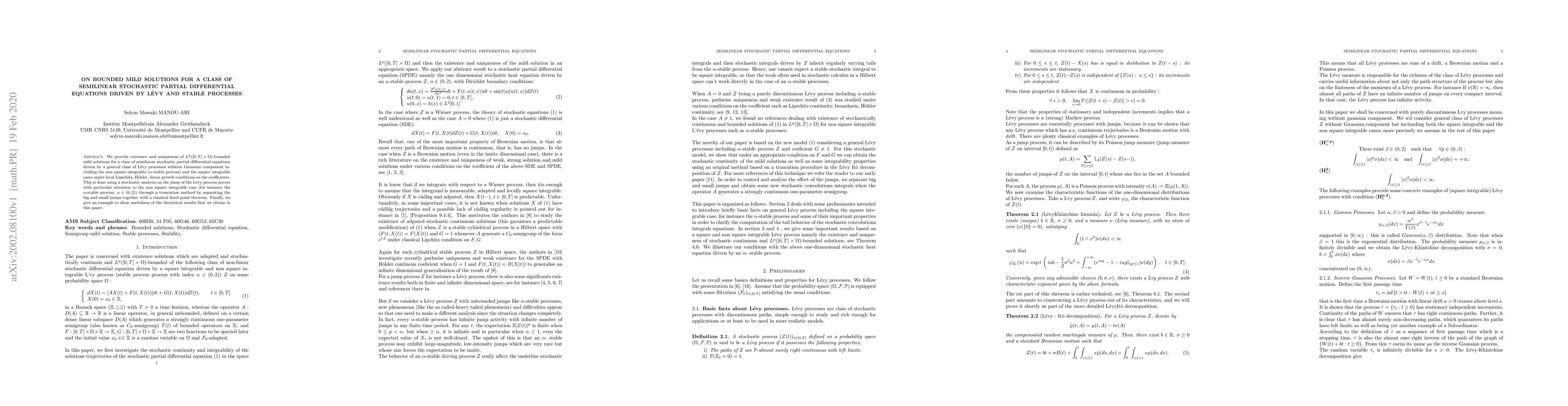 Thumbnail for On bounded mild solutions for a class of semilinear stochastic evolution
  equation driven by stable process