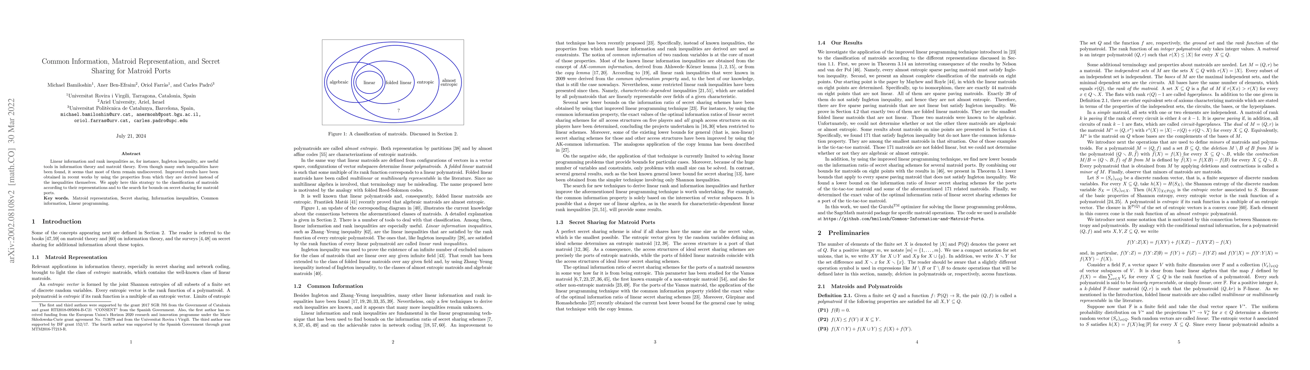 Thumbnail for Common Information, Matroid Representation, and Secret Sharing for
  Matroid Ports