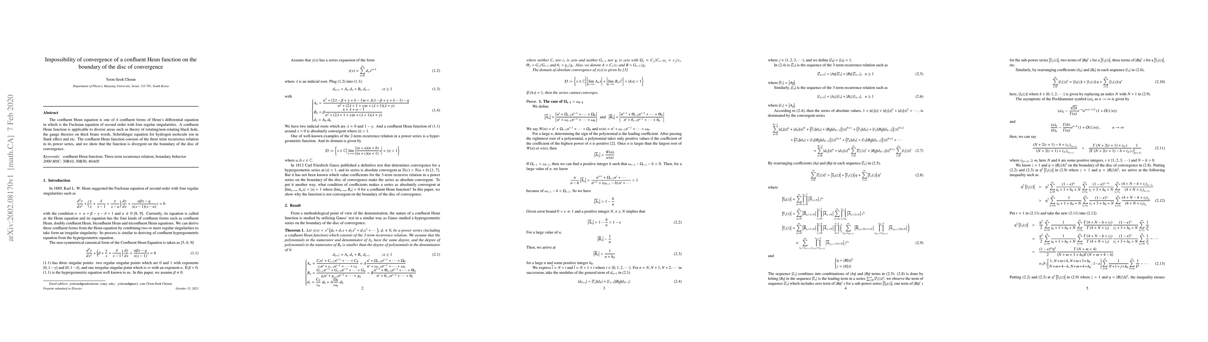 Thumbnail for Impossibility of convergence of a confluent Heun function on the
  boundary of the disc of convergence