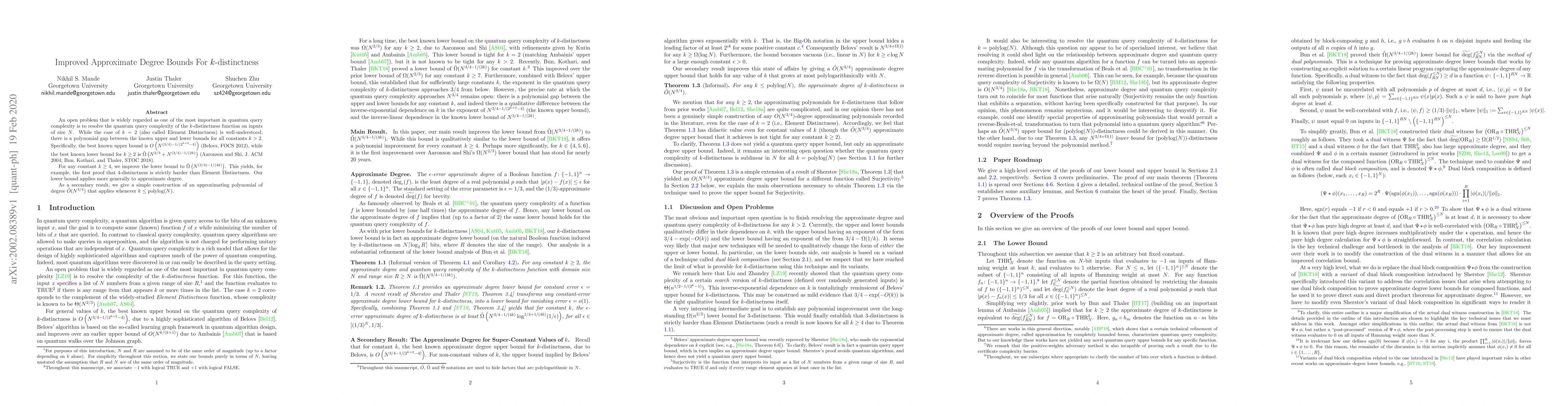 Thumbnail for Improved Approximate Degree Bounds For k-distinctness