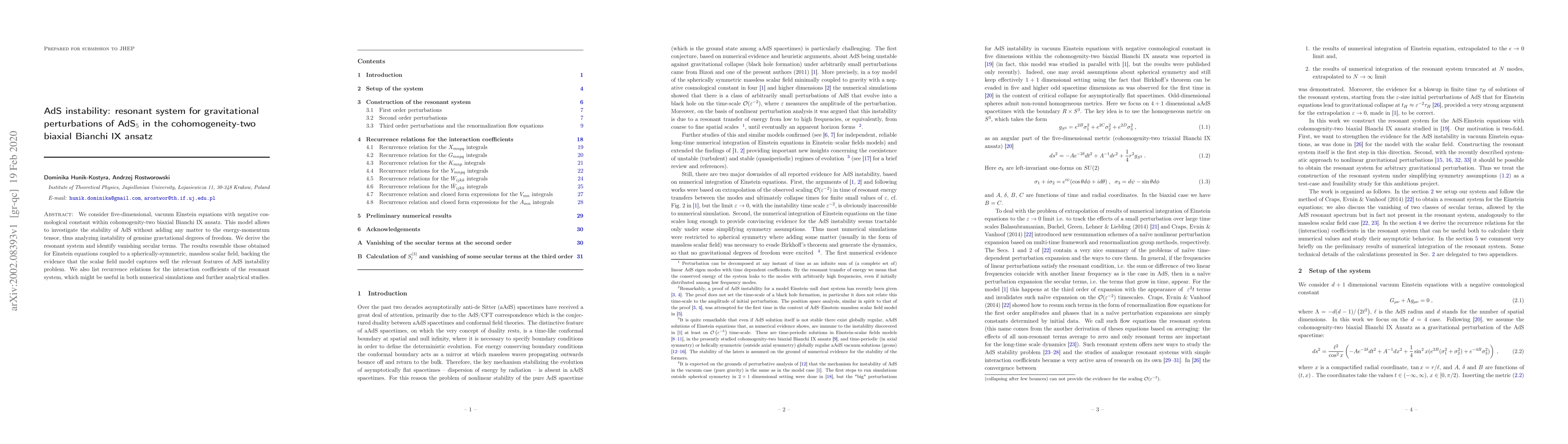 Thumbnail for AdS instability: resonant system for gravitational perturbations of
  AdS${}_5$ in the cohomogeneity-two biaxial Bianchi IX ansatz