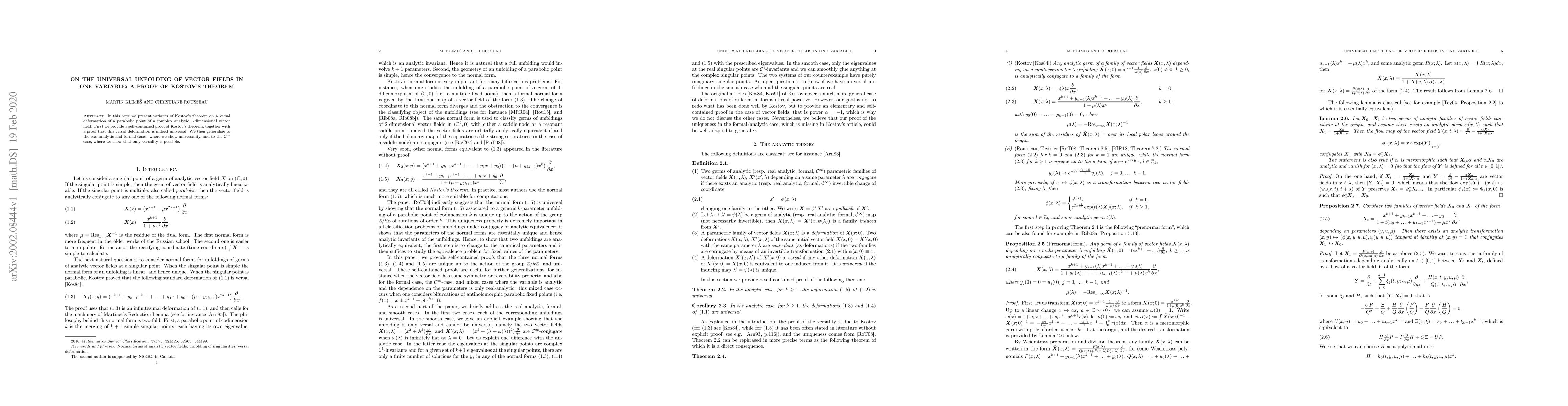 Thumbnail for On the universal unfolding of vector fields in one variable: A proof of
  Kostov's theorem