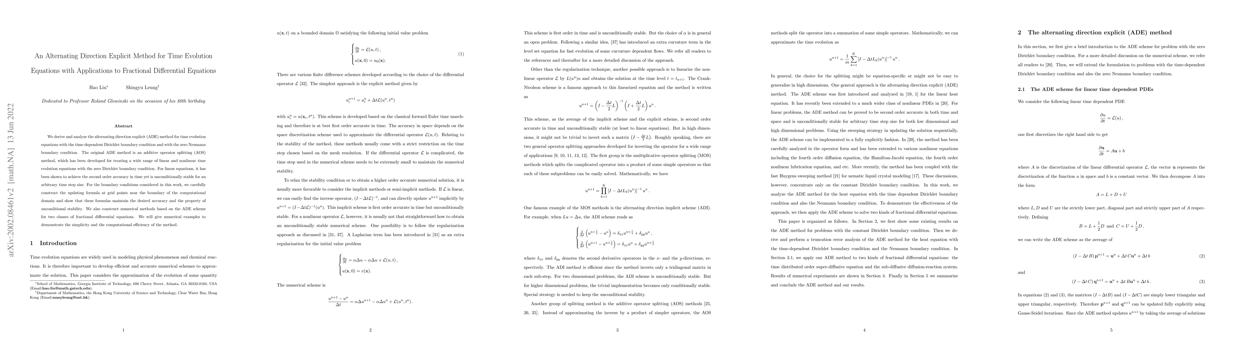 Thumbnail for An Alternating Direction Explicit Method for Time Evolution Equations
  with Applications to Fractional Differential Equations