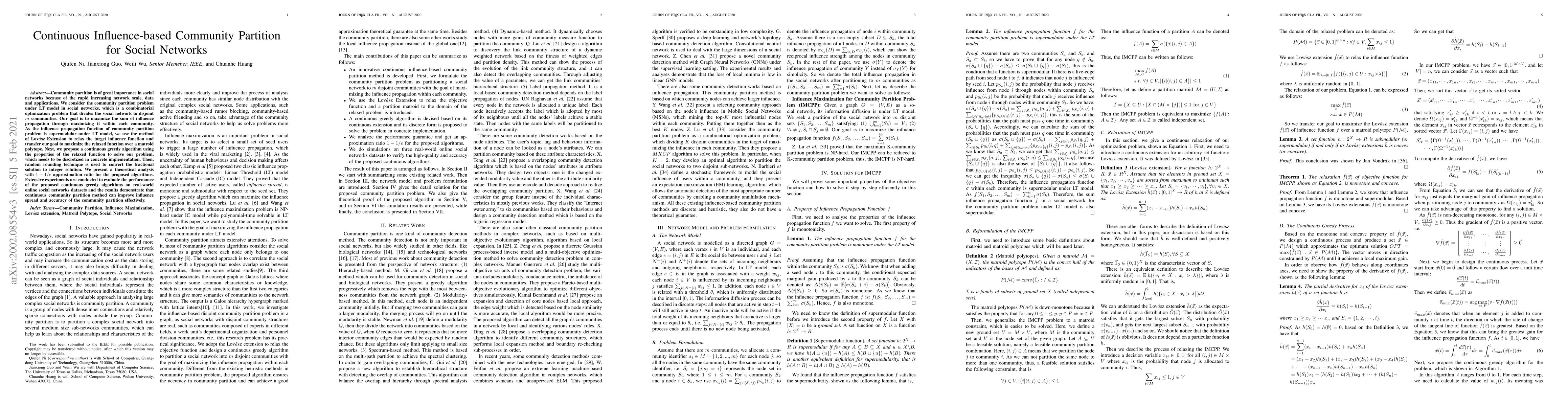 Thumbnail for Continuous Influence-based Community Partition for Social Networks