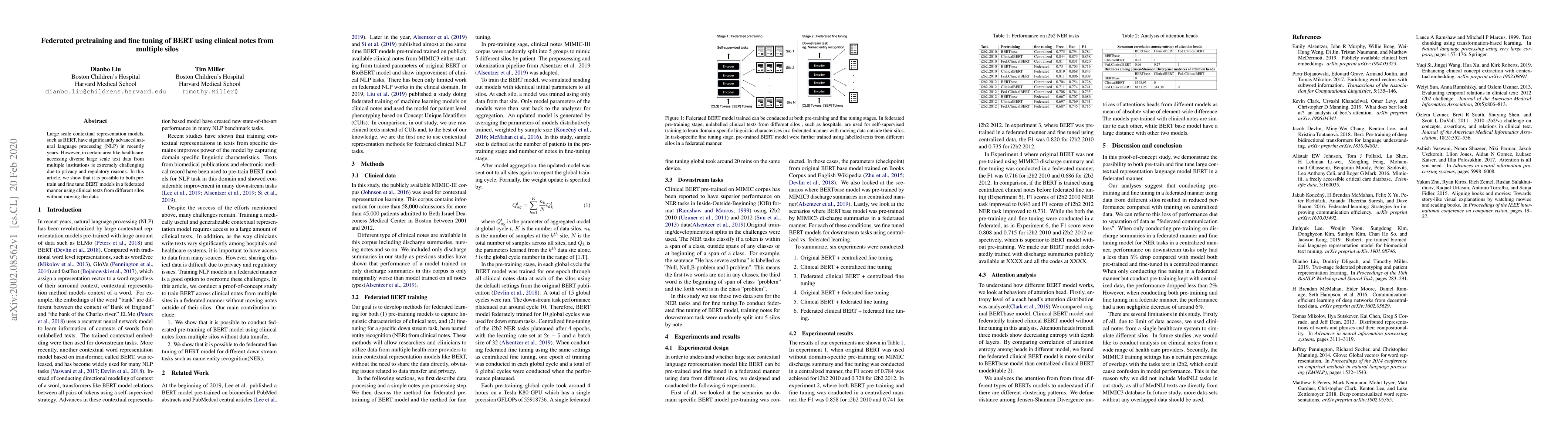 Thumbnail for Federated pretraining and fine tuning of BERT using clinical notes from
  multiple silos