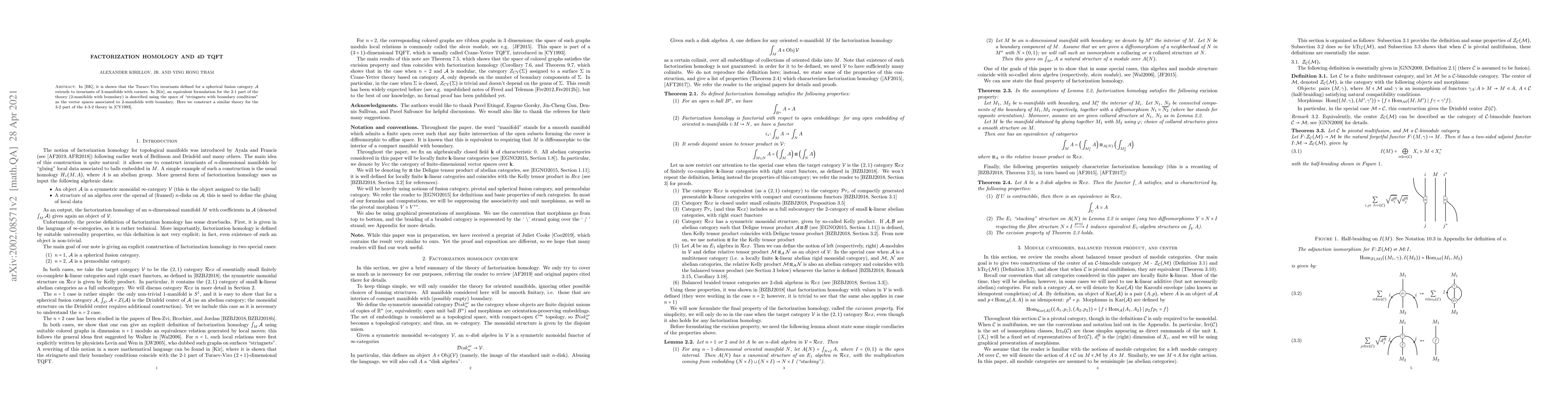 Thumbnail for Factorization Homology and 4D TQFT