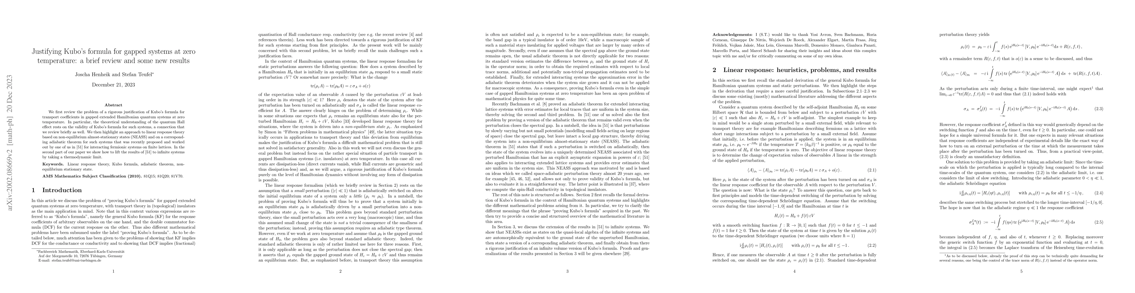 Thumbnail for Justifying Kubo's formula for gapped systems at zero temperature: a
  brief review and some new results