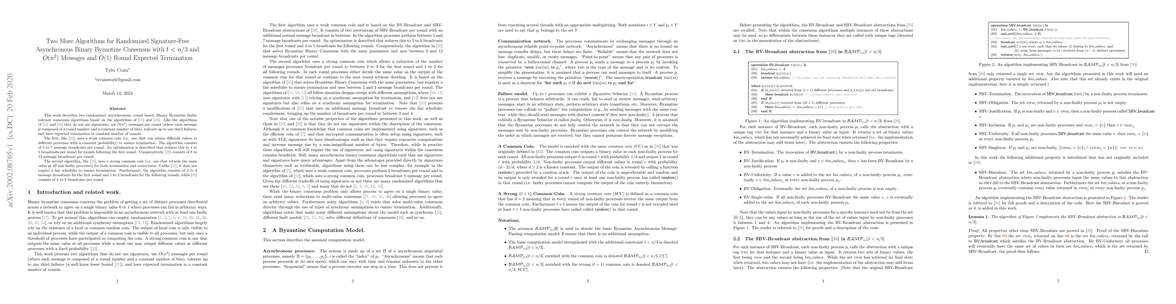 Thumbnail for Two More Algorithms for Randomized Signature-Free Asynchronous Binary
  Byzantine Consensus with $t < n/3$ and $O(n^2)$ Messages and $O(1)$ Round
  Expected Termination