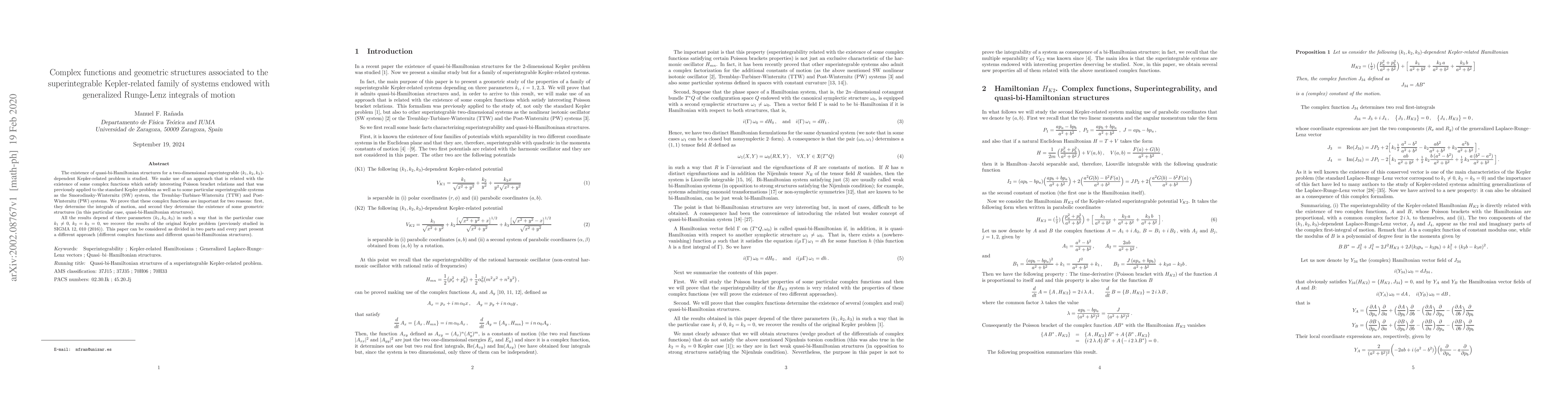 Thumbnail for Complex functions and geometric structures associated to the
  superintegrable Kepler-related family of systems endowed with generalized
  Runge-Lenz integrals of motion