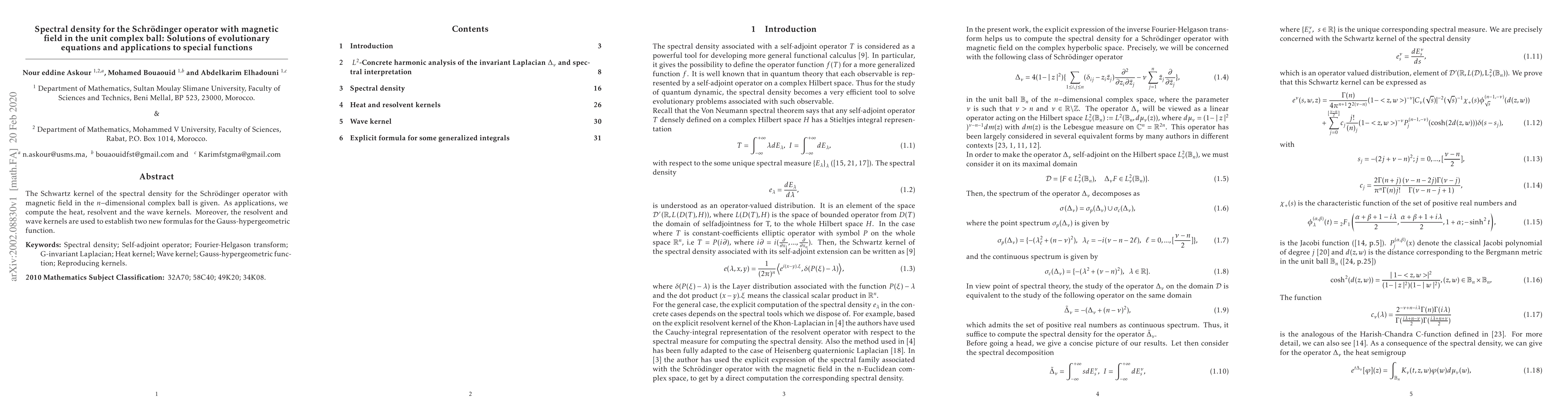 Thumbnail for Spectral density for the Schr\"{o}dinger operator with magnetic field in
  the unit complex ball: Solutions of evolutionary equations and applications
  to special functions