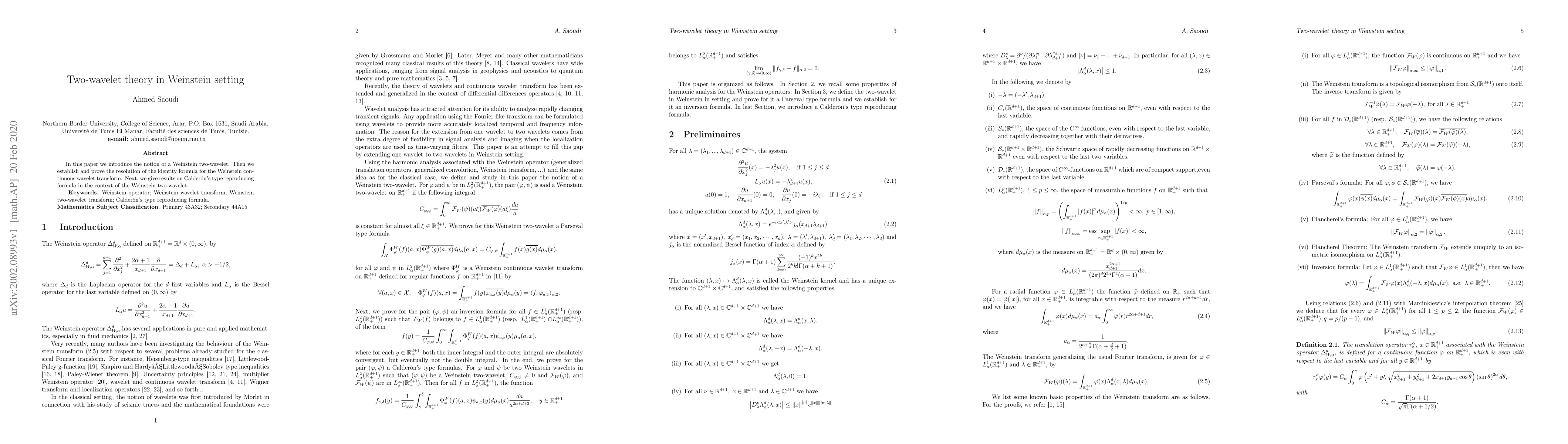 Thumbnail for Two-wavelet theory in Weinstein setting