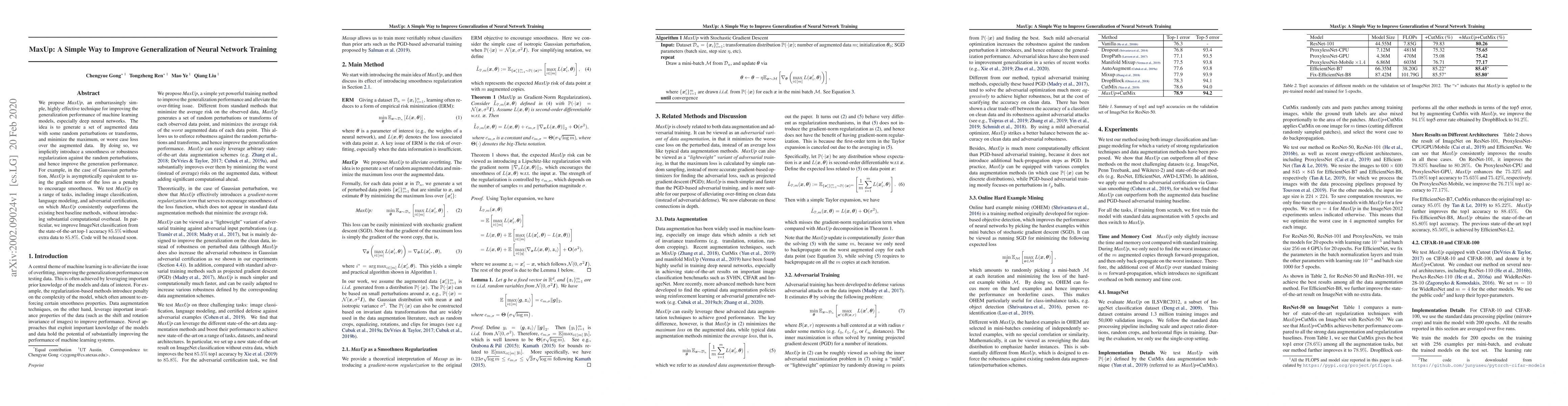 Thumbnail for MaxUp: A Simple Way to Improve Generalization of Neural Network Training