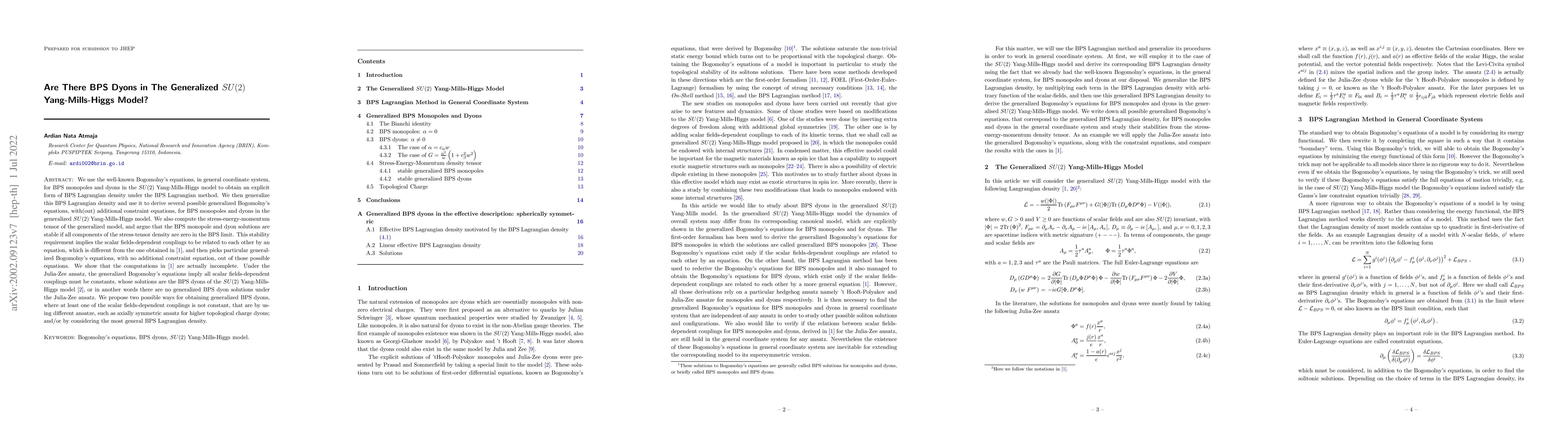Thumbnail for Are There BPS Dyons in The Generalized $SU(2)$ Yang-Mills-Higgs Model?