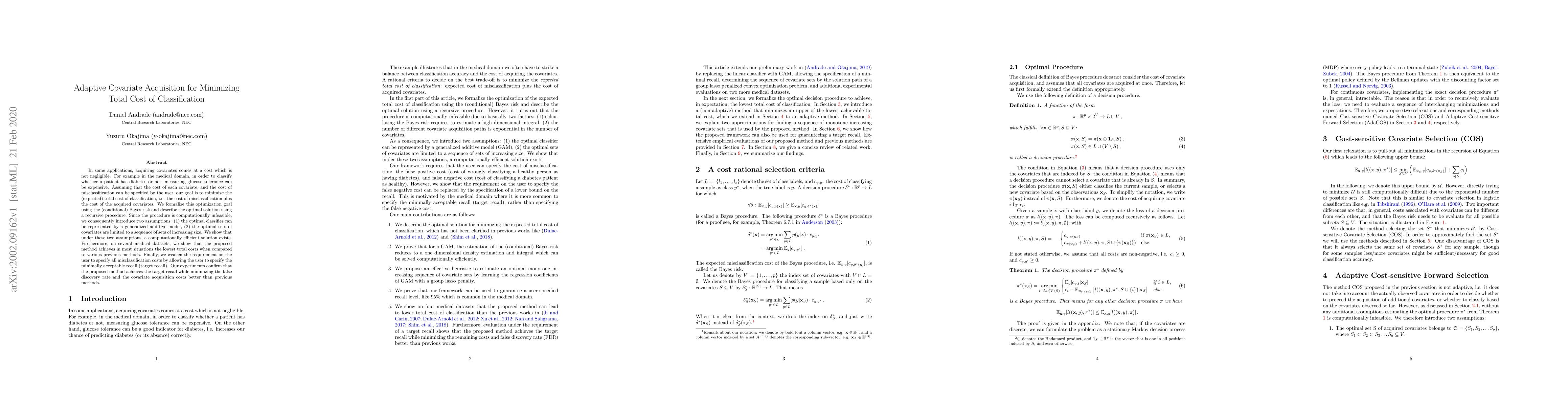 Thumbnail for Adaptive Covariate Acquisition for Minimizing Total Cost of
  Classification