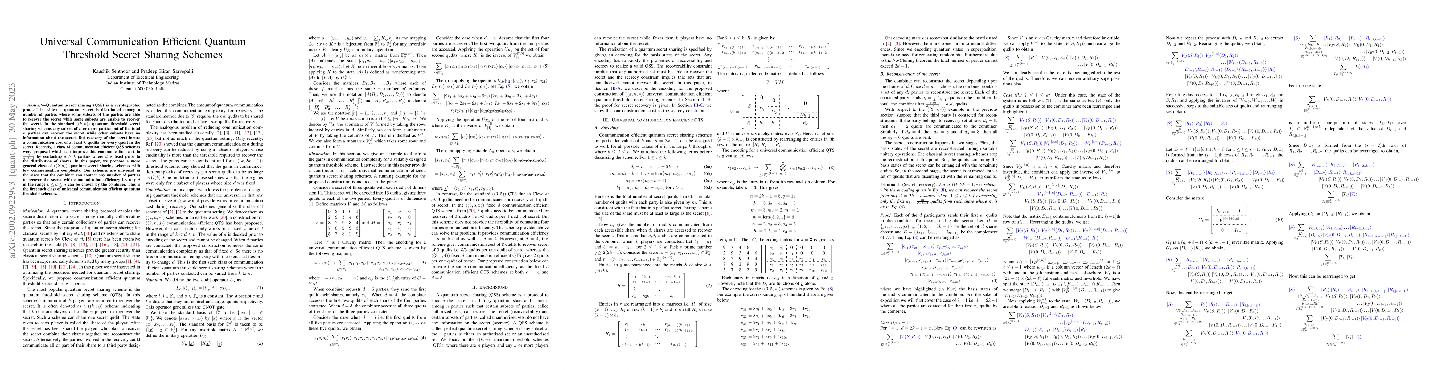 Thumbnail for Universal Communication Efficient Quantum Threshold Secret Sharing
  Schemes