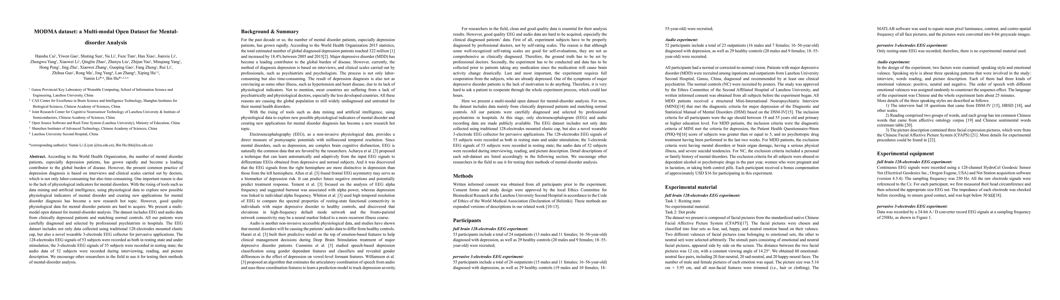 Thumbnail for MODMA dataset: a Multi-modal Open Dataset for Mental-disorder Analysis