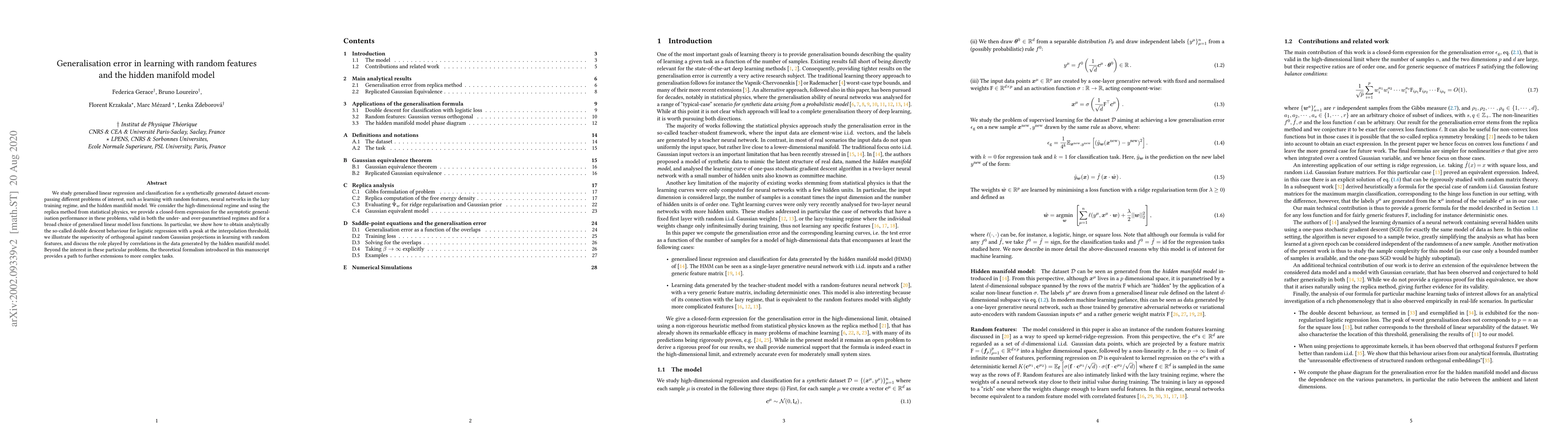 Thumbnail for Generalisation error in learning with random features and the hidden
  manifold model