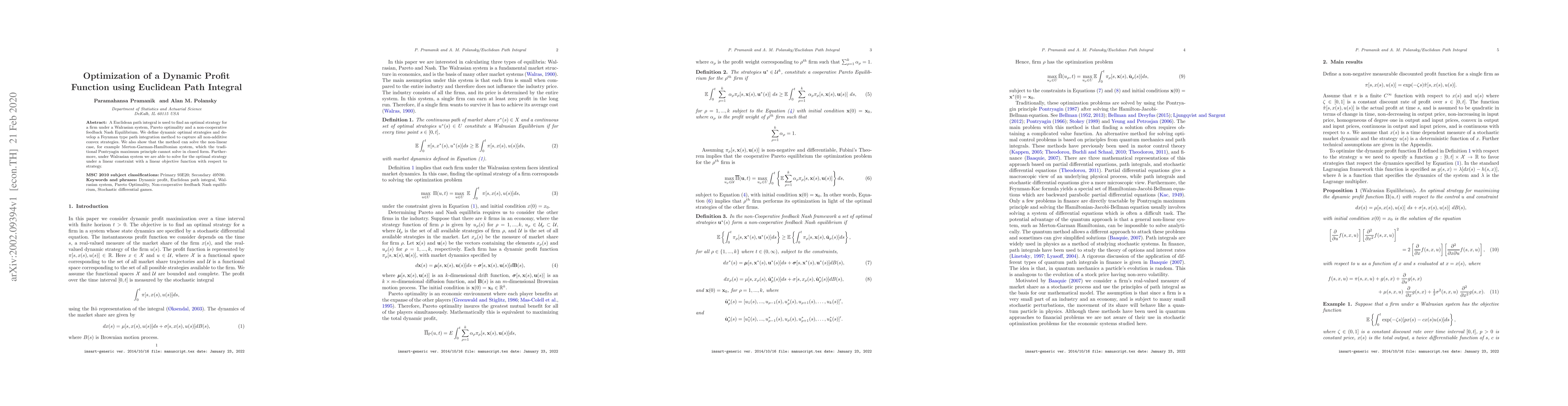 Thumbnail for Optimization of a Dynamic Profit Function using Euclidean Path Integral
