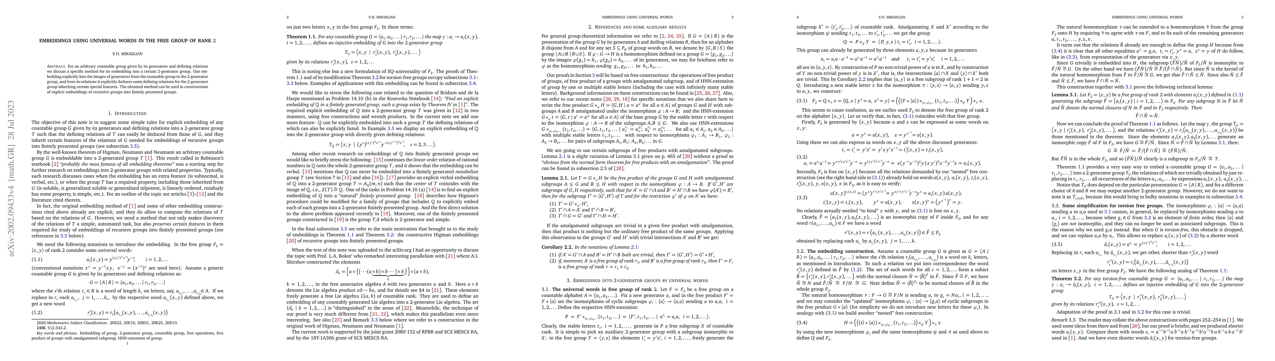Thumbnail for Embeddings using universal words in the free group of rank 2