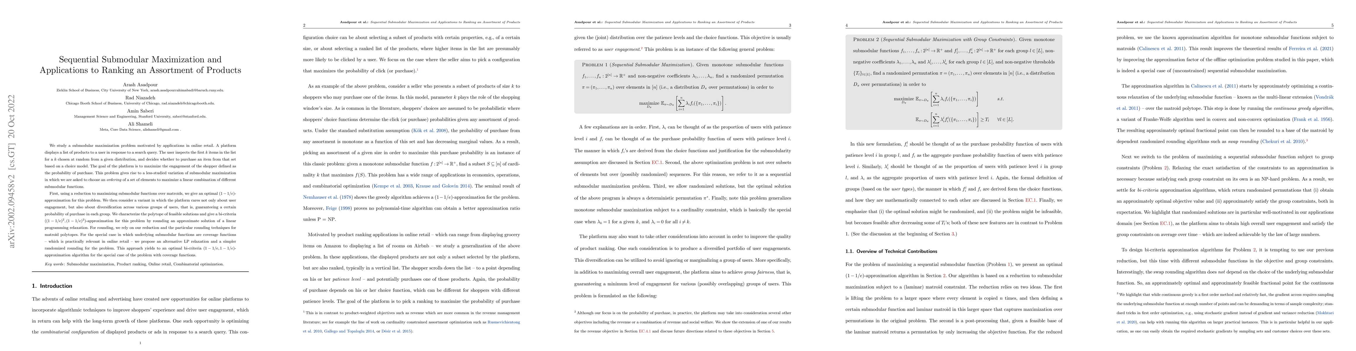 Thumbnail for Sequential Submodular Maximization and Applications to Ranking an
  Assortment of Products