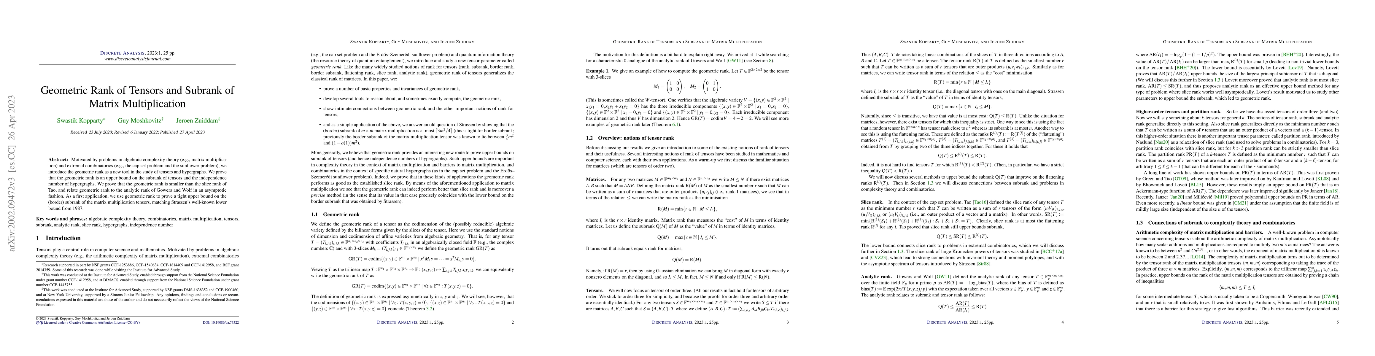 Thumbnail for Geometric rank of tensors and subrank of matrix multiplication