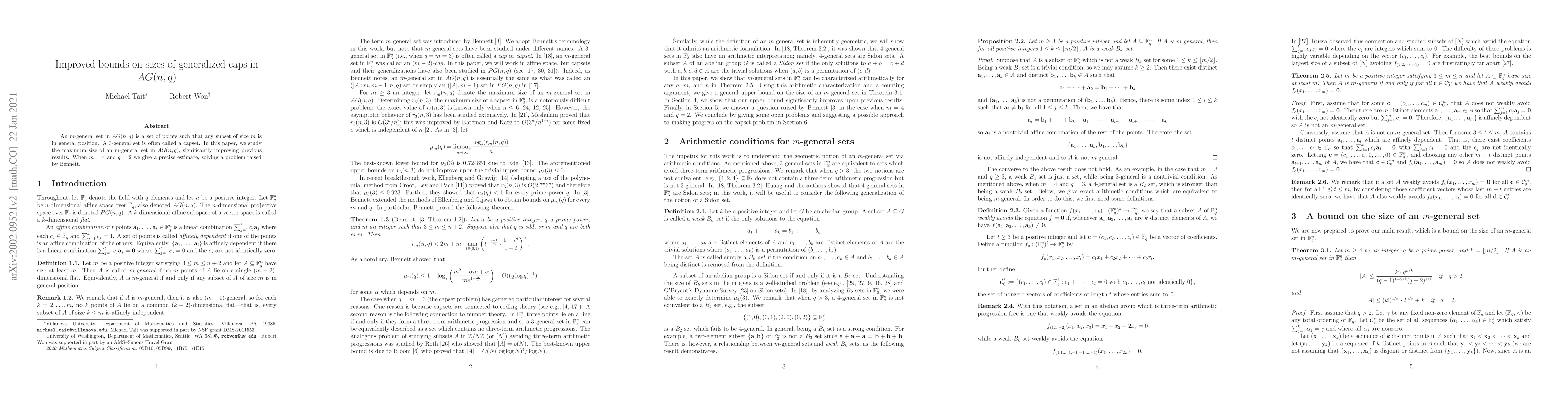 Thumbnail for Improved bounds on sizes of generalized caps in $AG(n,q)$