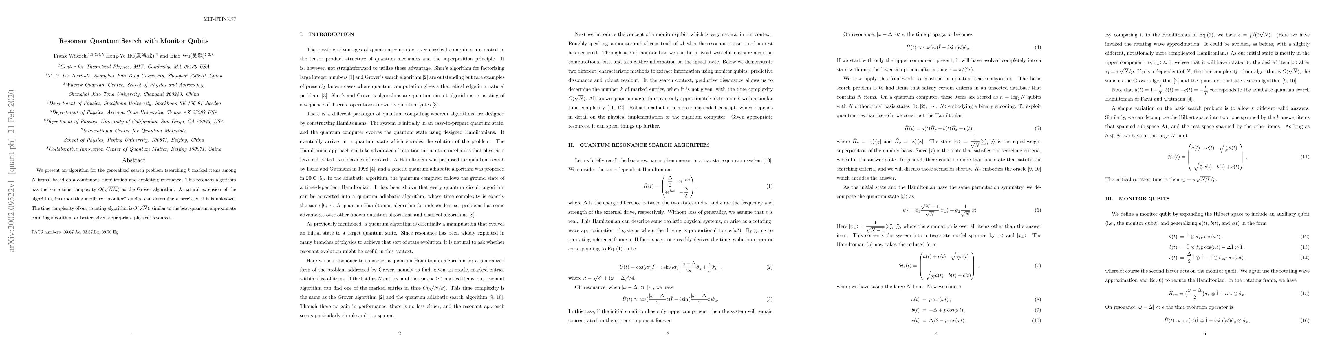 Thumbnail for Resonant Quantum Search with Monitor Qubits