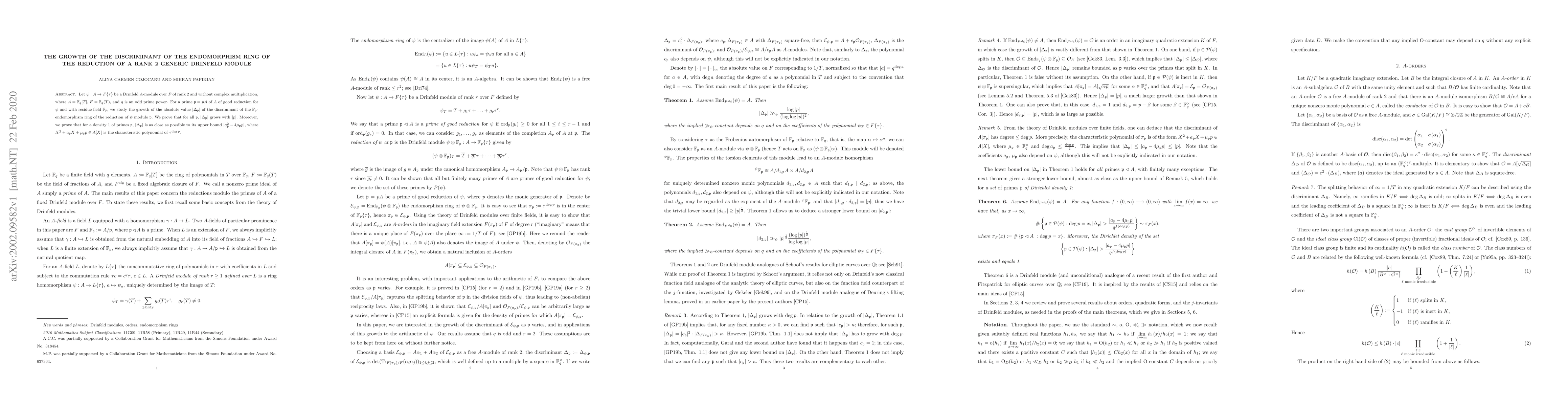 Thumbnail for The growth of the discriminant of the endomorphism ring of the reduction
  of a rank 2 generic Drinfeld module