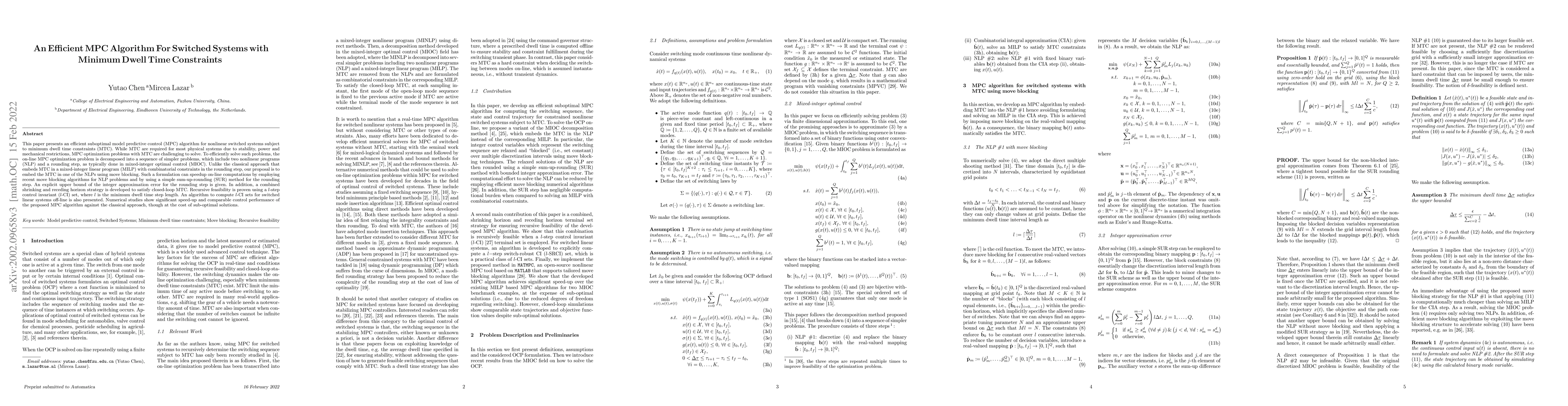 Thumbnail for An Efficient MPC Algorithm For Switched Systems with Minimum Dwell Time
  Constraints
