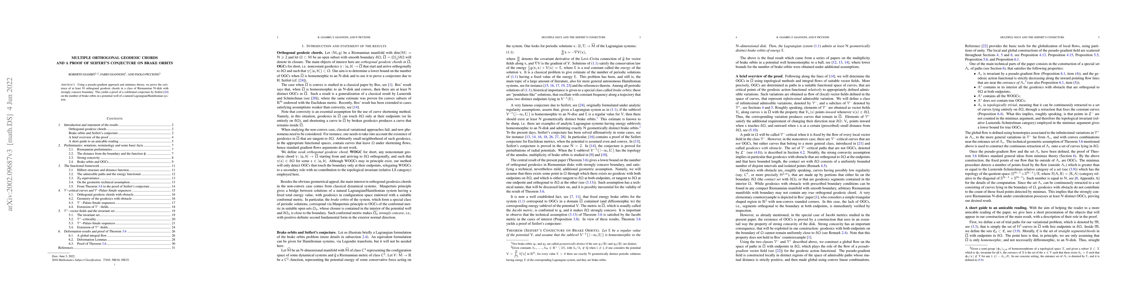 Thumbnail for Multiple orthogonal geodesic chords and a proof of Seifert's conjecture
  on brake orbits