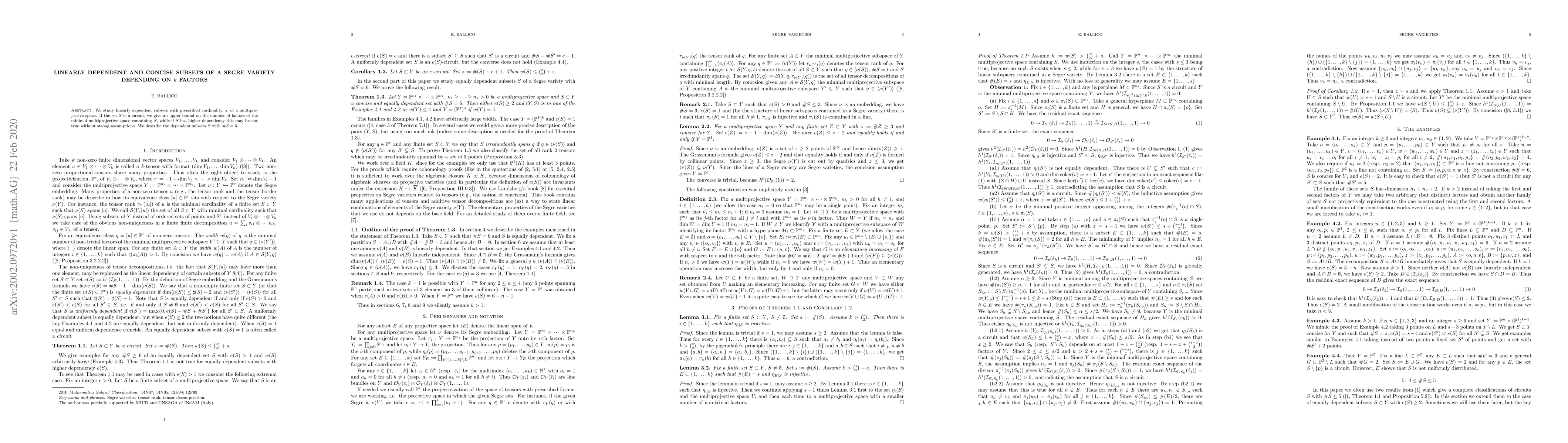 Thumbnail for Linearly dependent and concise subsets of a Segre variety depending on k
  factors