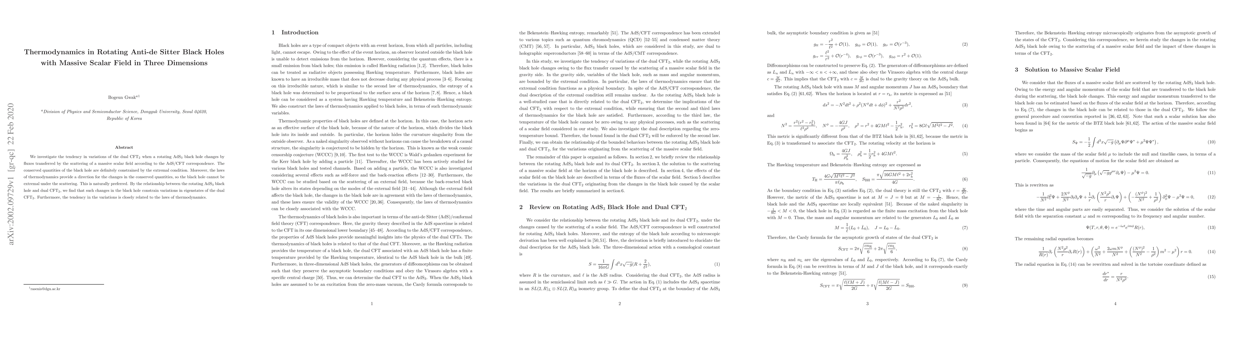 Thumbnail for Thermodynamics in Rotating Anti-de Sitter Black Holes with Massive
  Scalar Field in Three Dimensions
