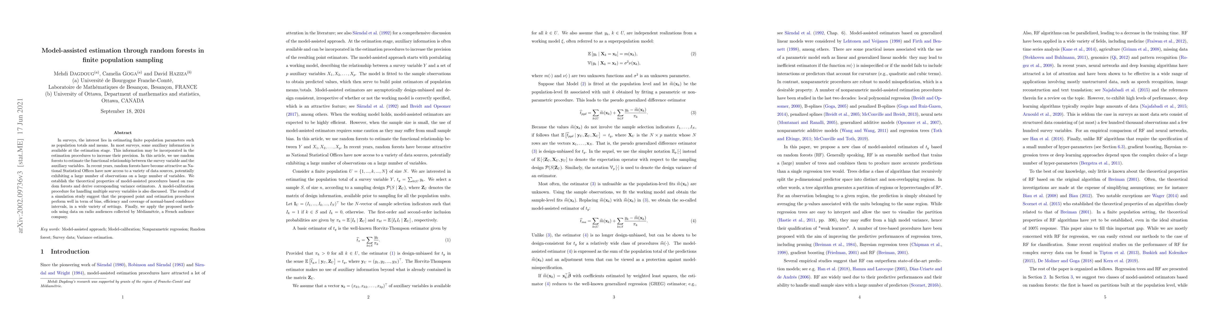 Thumbnail for Model-assisted estimation through random forests in finite population
  sampling