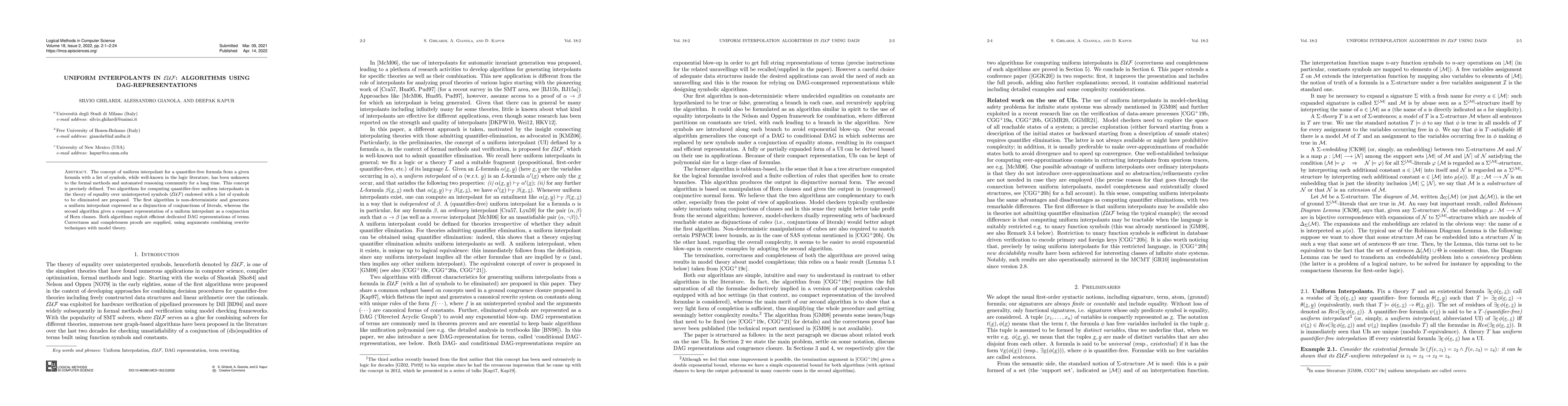 Thumbnail for Uniform Interpolants in EUF: Algorithms using DAG-representations