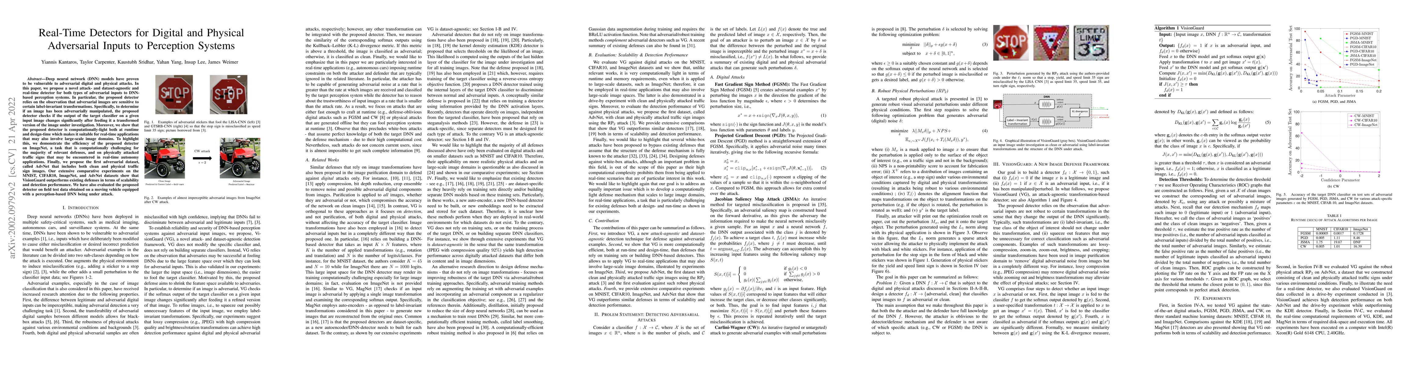 Thumbnail for Real-Time Detectors for Digital and Physical Adversarial Inputs to
  Perception Systems