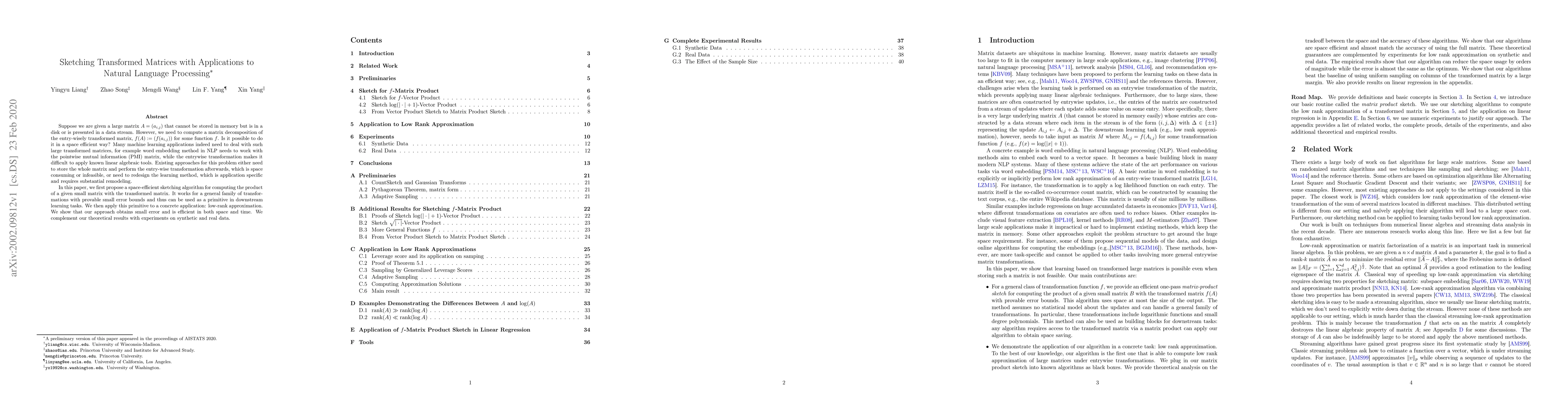 Thumbnail for Sketching Transformed Matrices with Applications to Natural Language
  Processing