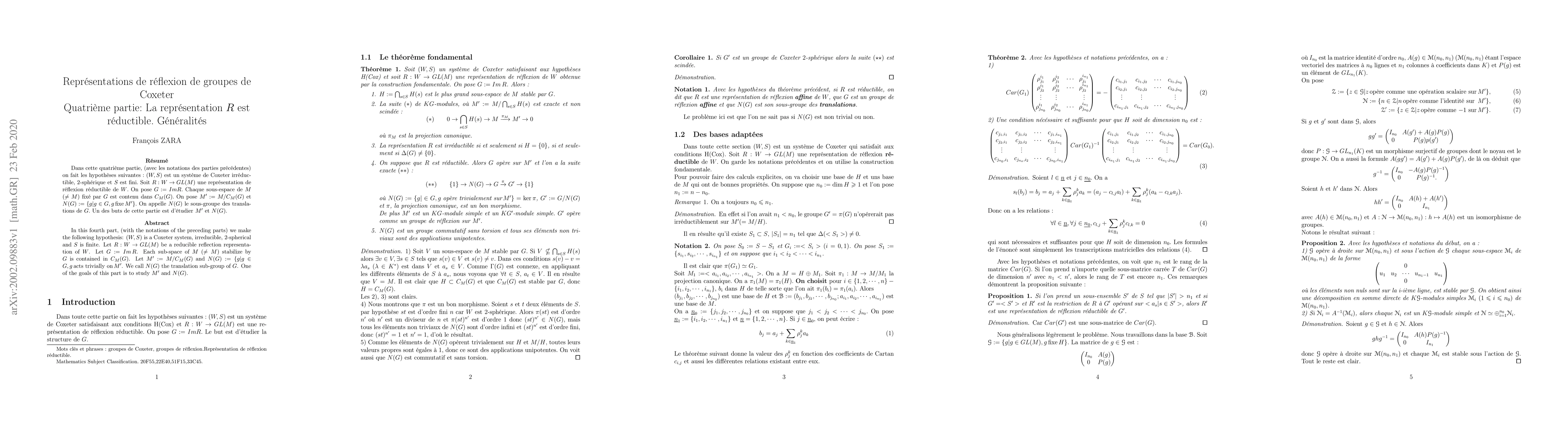 Thumbnail for Repr\'esentations de r\'eflexion de groupes de Coxeter -- Quatri\`eme
  partie: La repr\'esentation $R$ est r\'eductible. G\'en\'eralit\'es