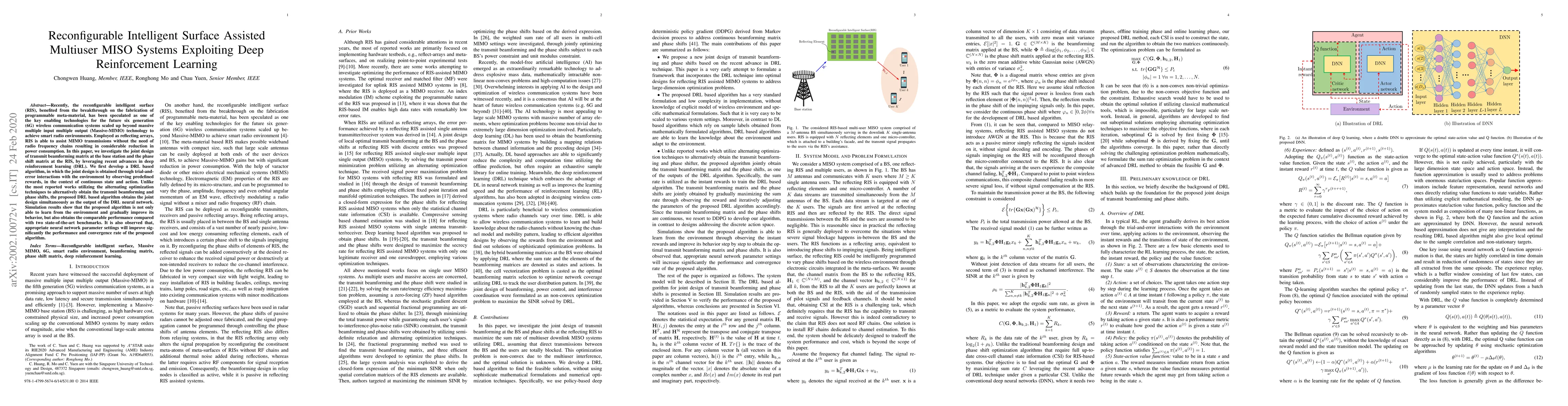 Thumbnail for Reconfigurable Intelligent Surface Assisted Multiuser MISO Systems
  Exploiting Deep Reinforcement Learning