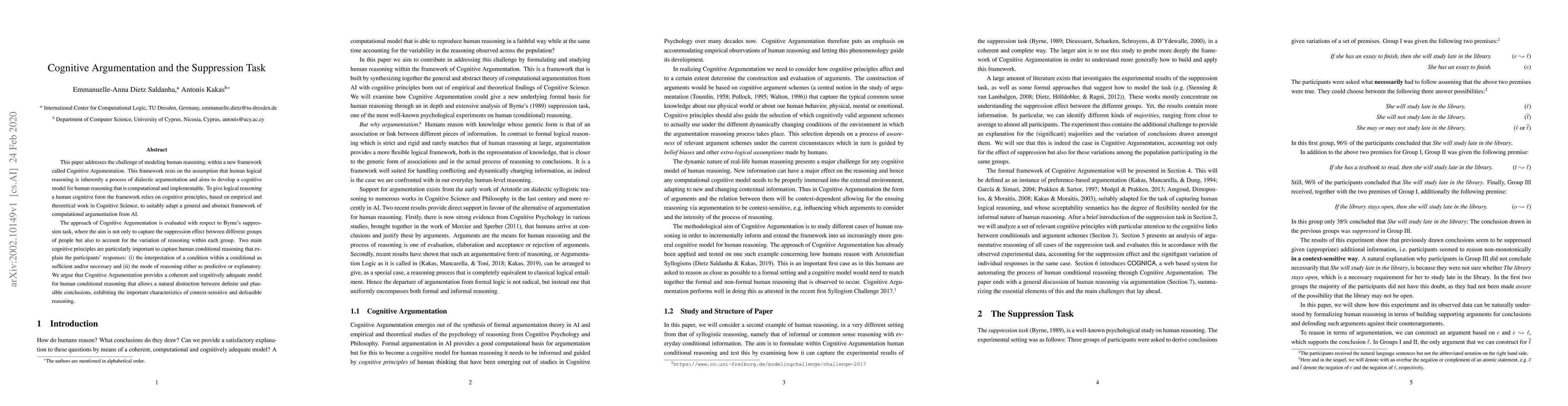 Thumbnail for Cognitive Argumentation and the Suppression Task