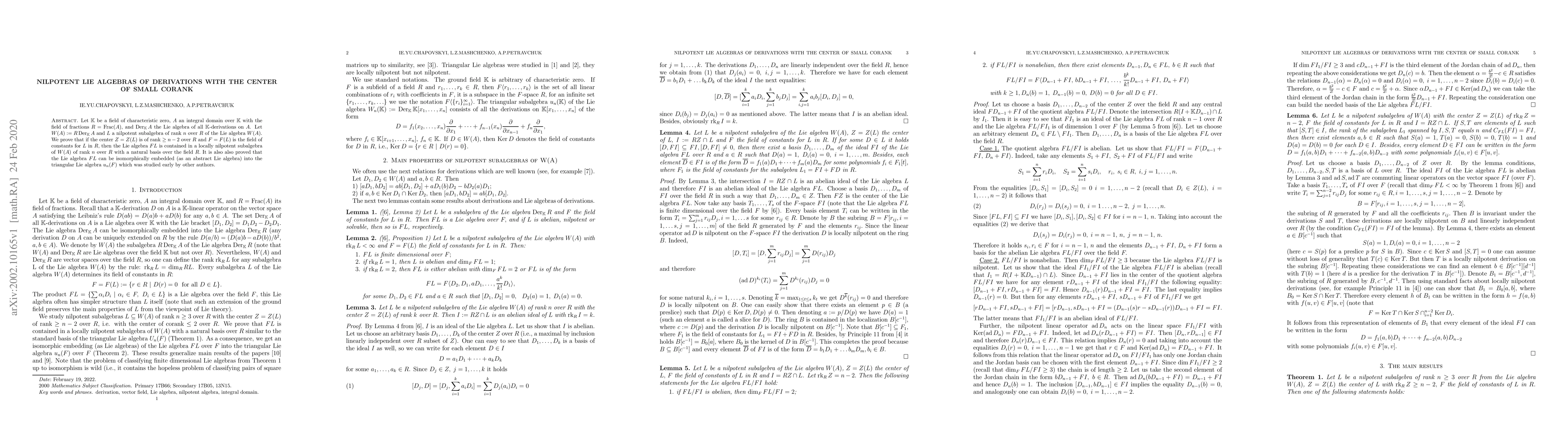 Thumbnail for Nilpotent Lie algebras of derivations with the center of small corank