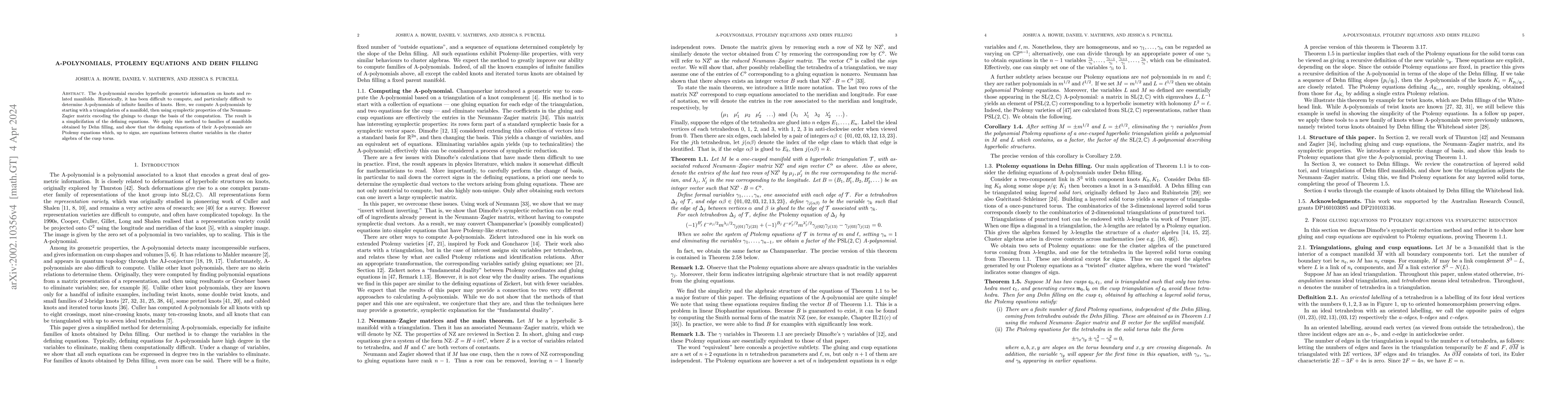 Thumbnail for A-polynomials, Ptolemy equations and Dehn filling