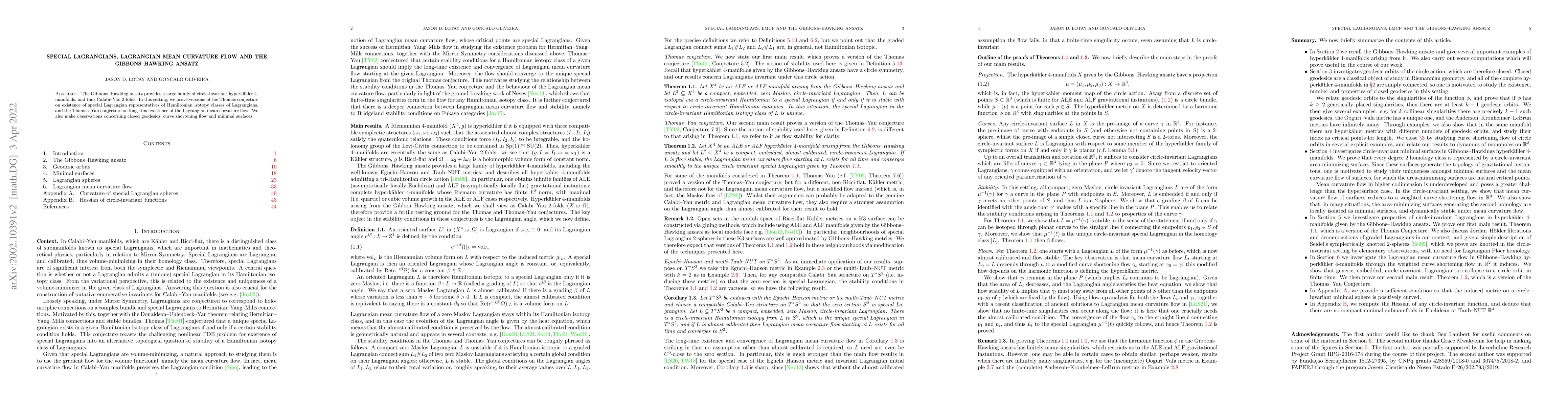 Thumbnail for Special Lagrangians, Lagrangian mean curvature flow and the
  Gibbons-Hawking ansatz