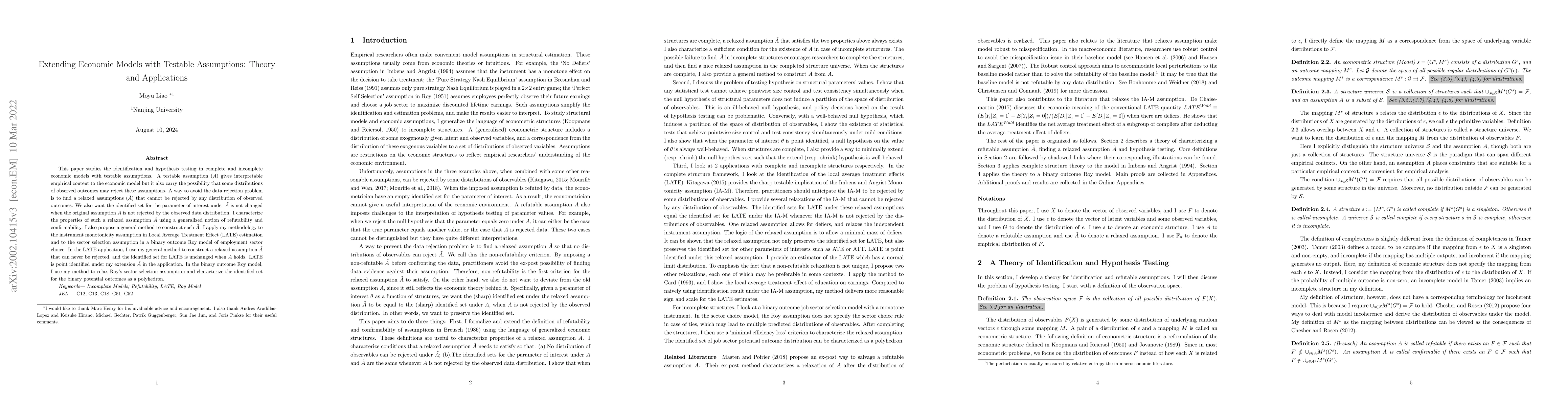 Thumbnail for Estimating Economic Models with Testable Assumptions: Theory and
  Applications